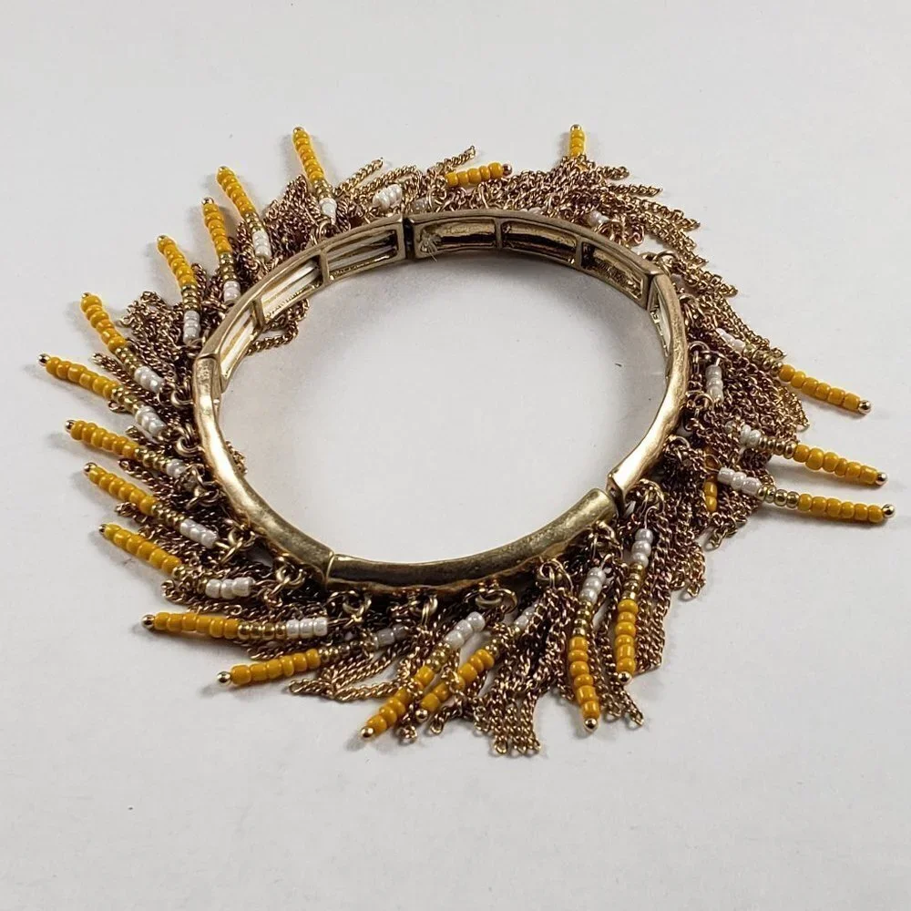 Boho Gold Tone Stretch Bracelet Yellow & White Beaded Fringe – Statement Jewelry